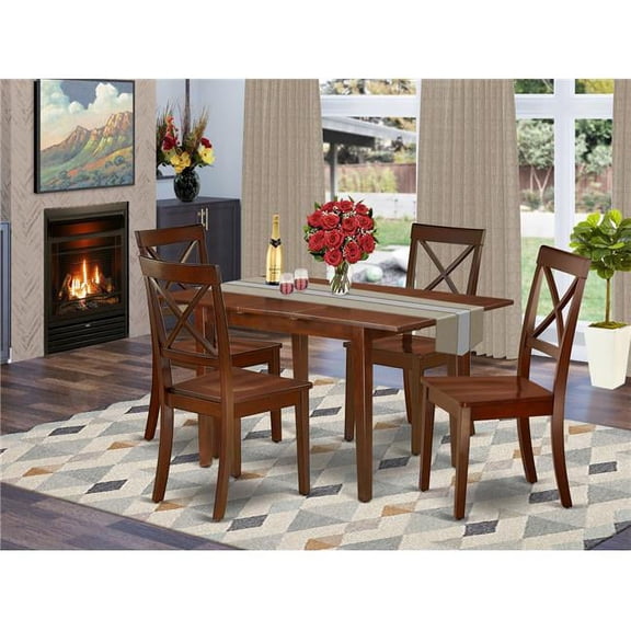 48-60 in. Picasso Rectangle Dinner Table with 12 in. Butterfly Leaf & 4 Wood Seat Kitchen Chairs - Mahogany, 5 Piece