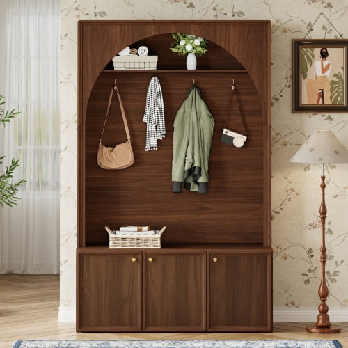 48.7 Inch Farmhouse All-in-One Hall Tree with Adjustable Shelves, Retro Arched Entryway Storage Bench with 3 Cabinets and 4 Golden Hooks for Mudroom, Hallway, Walnut