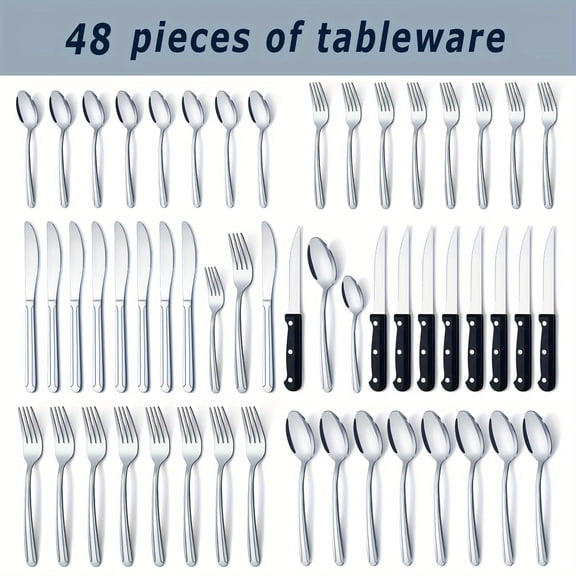 48/72Pcs Premium Stainless Steel Silverware Set, Steak Knife Fork Spoon Flatware Kit, Dishwasher Safe, Stylish Design for Home & Dining
