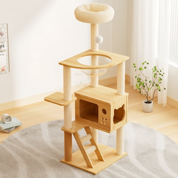 Multi-Functional Cat Condo Tower, 48.8" Wooden Structure with Top Lookout & Sisal Scratch Posts, Pet Rest Play Center