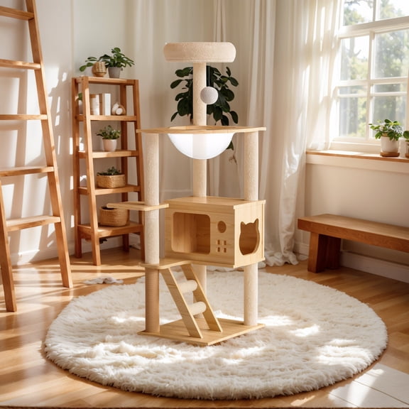 48.8" Modern Cat Tower, Wood Cat Tree Tower for Indoor Cats, Cat Scratching Posts and Top Perch, Cat Condo with Hammock for Small Large Cats
