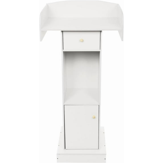 48.8" Wooden Podium Stand with Storage Shelves and Drawer, Floor Standing Lectern Presentation Pulpit, Conference Speaking Desk for Churches Schools Offices Seminars (White)