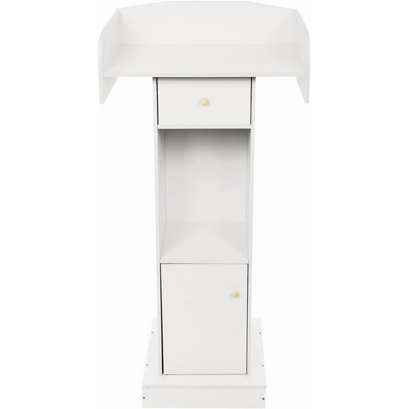 48.8" Wooden Podium Stand with Storage Shelves and Drawer, Floor Standing Lectern Presentation Pulpit, Conference Speaking Desk for Churches Schools Offices Seminars (White)