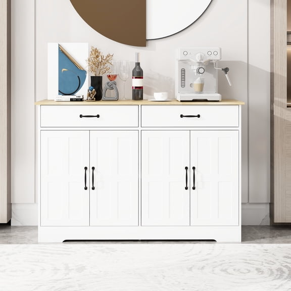 48.91" Buffet Storage - White Cabinet With 2 Drawers & 4 Doors. For Living Room Display. Elegant Handles, Large Sideboard 48.91". Drawers, Space. Excellent Workmanship, Coating