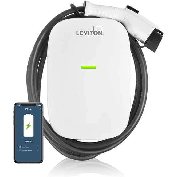 Leviton Level 2 Smart Electric Vehicle (EV) Charger with Wi-Fi, 48 Amp, VAC, 11.6 kW Output, 18' Cable, Hardwired Charging Station, EV48W