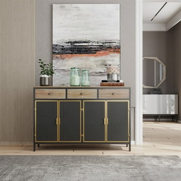 48" Accent Storage Cabinet with 4 Glass Doors and 3 Drawers, Modern Freestanding Buffet Sideboard with Metal Handles & Solid Wood Legs, Entryway Console Table Cupboard for Living Room Bedroom, Black