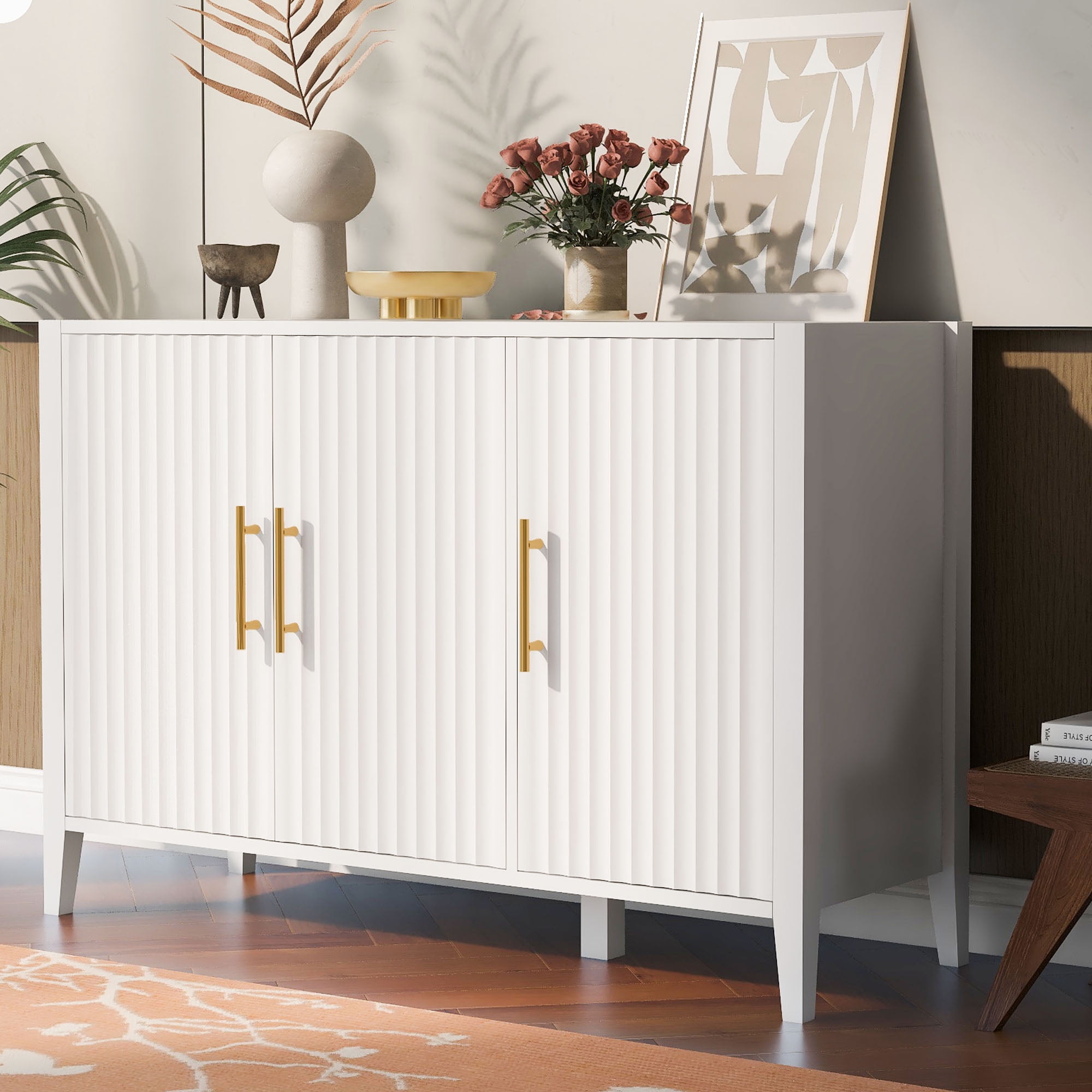 White Fluted 48-Inch Modern Sideboard Cabinet with Gold Handles