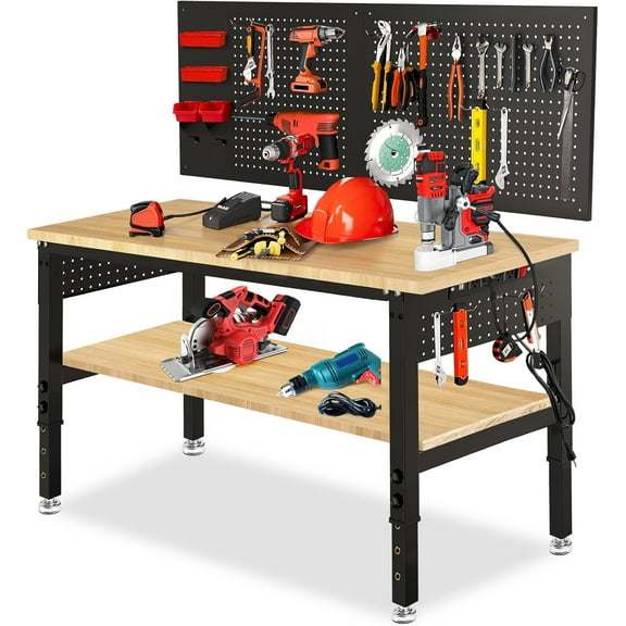 48“ Adjustable Height Workbench Work  for Garage Work Table with Under Table Shelf Heavy Duty Rubber Wood Top for Shop Woodworking, Office, Home, Commercial
