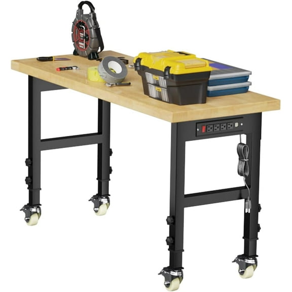48'' Adjustable Workbench, 4 Heights Work with Wheels and Power Outlets, 2000 LBS Heavy Duty Work Table, Hardwood Work Benches for Garage, Workshop, Office, Home