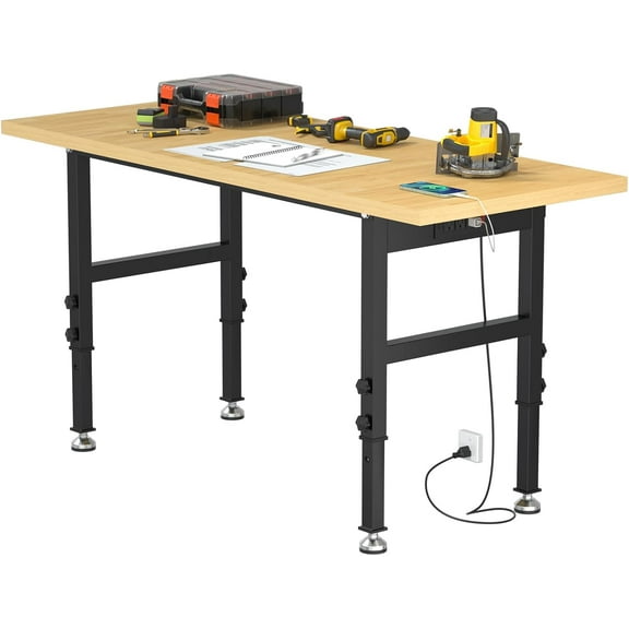48" Adjustable Workbench for Garage, Heavy-Duty Work , 2000 LBS Worktable with Power Outlets, Portable Chipboard Work Station for Repair Shop, Workshop, Office