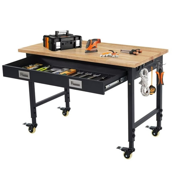 48" Adjustable Workbench for Garage, Rubber Wood Top Workbench with Drawer Storage, Heavy Duty Workstation with Power Outlets & Wheels, 2000 LBS Load Capacity