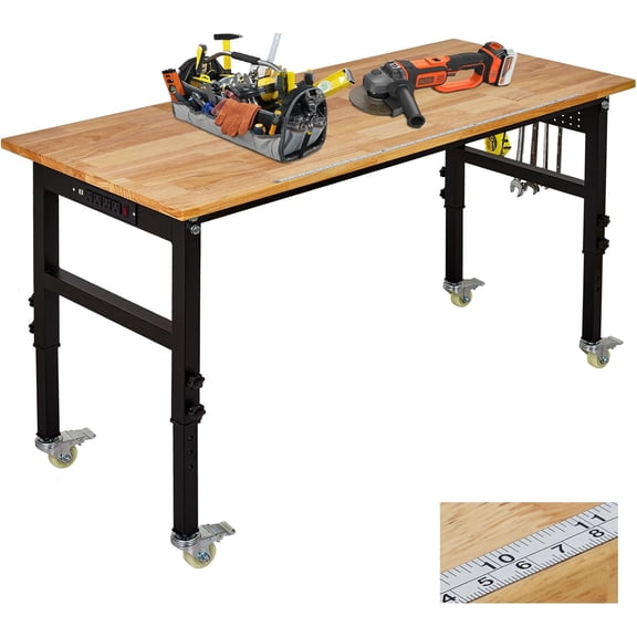 48" Adjustable Workbench with Power Outlet,2000 Lbs Capacity Heavy Duty Workbenches,29"-40" Height Adjustable Rubber Wood Work Table with Wheels & Pegboard for Garage Office Workshop Home Commercial
