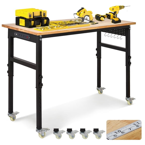48" Adjustable Workbench with Power Outlet & Pegboard, 2000 LBS Heavy Duty Work Table, Mobile Garage Workbench with Wheels for Workshop or Home Office