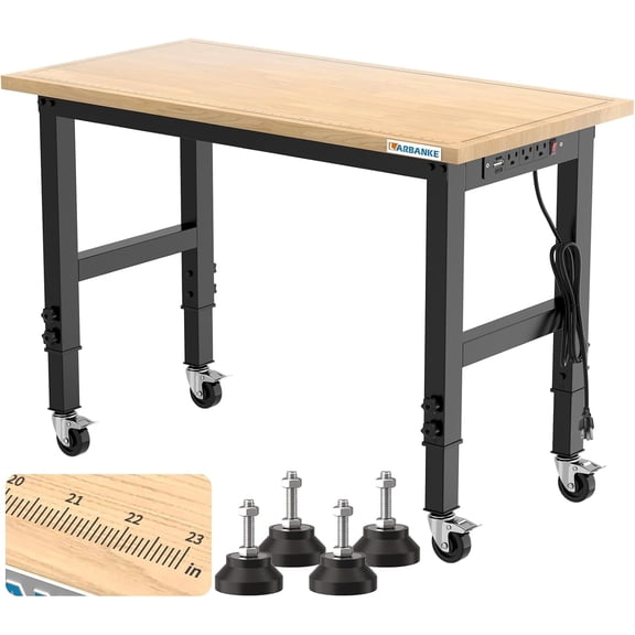 48" Adjustable Workbench,Rubber Wood Workstation with Graduated Lines,Heights from 33.5 to 41.3,2000 LBS Load Capacity Hardwood Worktable,Heavy Duty Workbenches with Wheels and Foot Pads