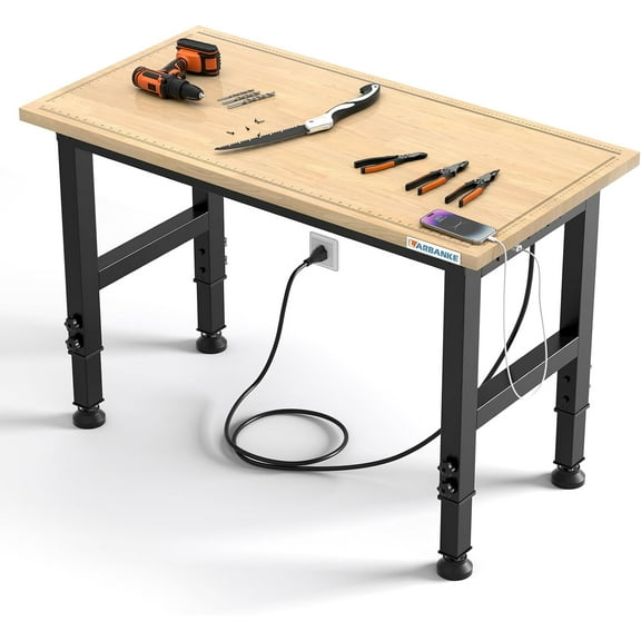 48" Adjustable Workbench,Weight Capacity to 2000 LBS Heavy Duty Rubberwood Worktable,with 5 Adjustable Heights,Workbench with Scales,Power Panel,Suitable for Workshops,Offices and Homes