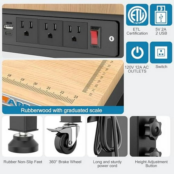 48" Adjustable Workbench with Wheels and Foot Pads,Rubber Wood Workbench with Graduated Lines,Heights from 33.5 to 41.3,2300 LBS Load Capacity Hardwood Worktable,Workshop,Garage,