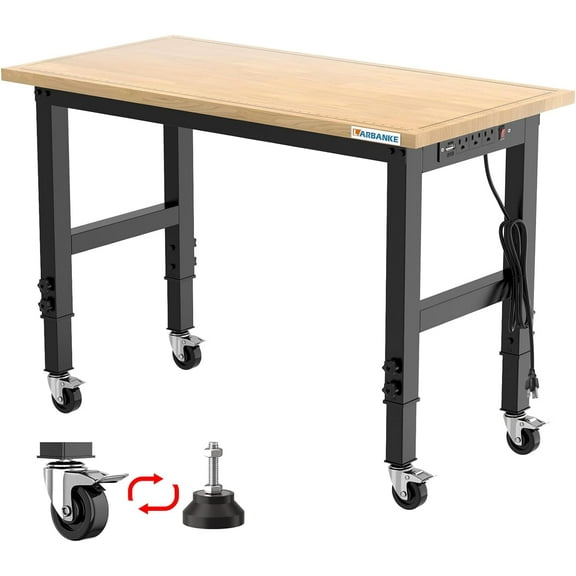 48" Adjustable Workbench with Wheels,Heavy-Duty Rubber Wood Worktable with Power Outlets & Scales & Foot Pads,2000 LBS Load Capacity Work Benches for Garage,Workshop,Office,Home