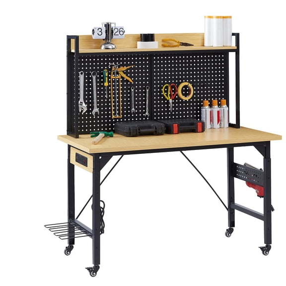 48''Adjustable Workbench with pegboard, Heavy Duty Wooden Desktop Workbench with Wheels, 1600 lb. Load Capacity, Rolling Workbench 48''Adjustable Workbench with pegboard, Heavy Duty Wooden Desktop W