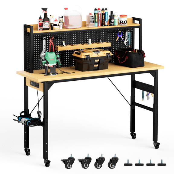 48''Adjustable Workbench with pegboard, Heavy Duty Wooden Desktop Workbench with Wheels, 1600 lb. Load Capacity, Rolling Workbench with AC/USB Outlet, Hooks, Shelf, for Garage, Workshop