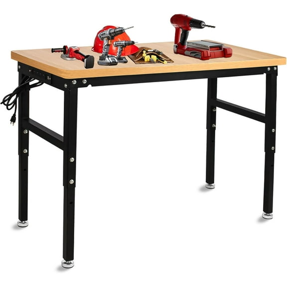 48'' Adjustable Workbench with Power Outlet, 2000 Lbs Capacity Work Benches for Garage, Wood Heavy Duty Work Bench,Shop Table for Shop Office Home