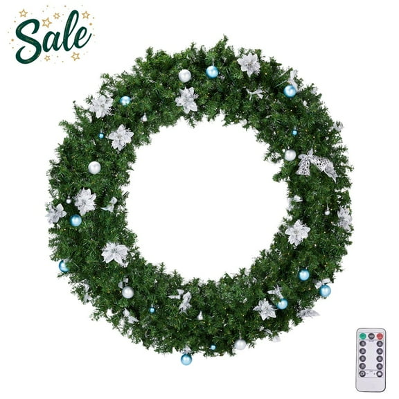 48" Artificial Christmas Wreath, Pre-Lit Holiday Decor Wreath with Warm & Cold White LEDs, 11 Light Modes, Remote Control, Blue & Silver DIY Ornaments, for Front Door & Wall Décor