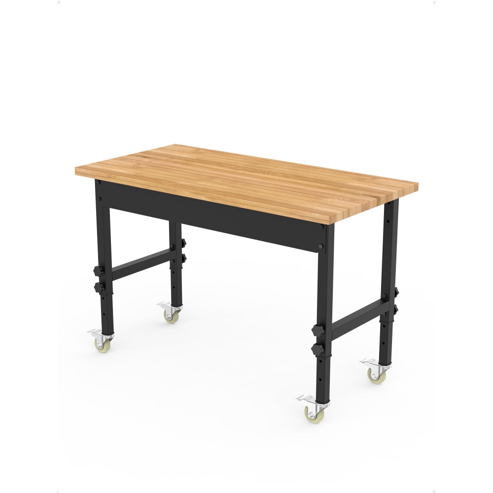 48" Bamboo Wood Workbench, Adjustable Height Movable Worktable with ...