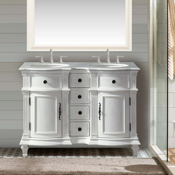 48" Bathroom Double Sink Vanity Carrara White Marble Top Antique White Cabinet