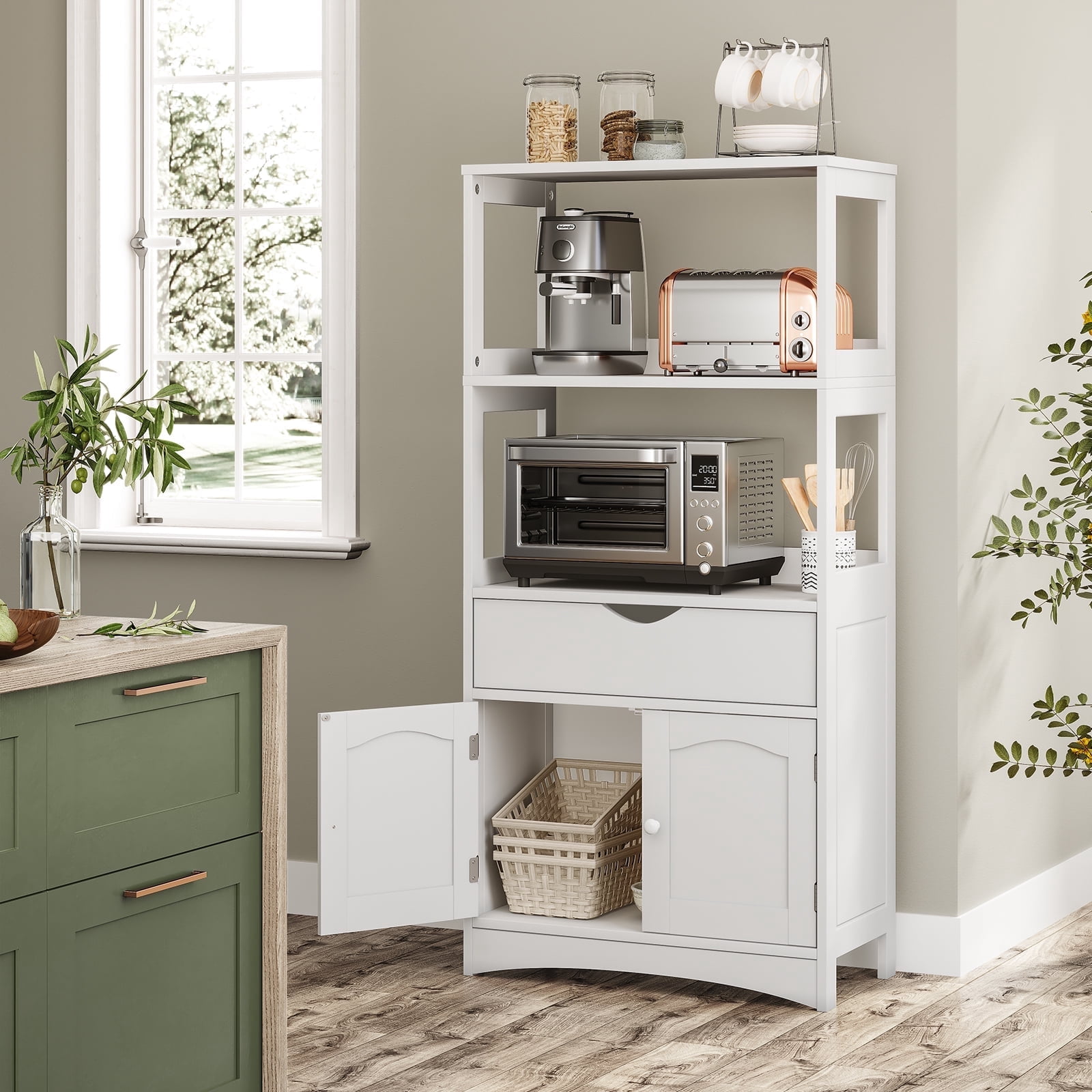 Kitchen Pantry Storage Cabinet with Microwave Stand&Drawer, Modern Sideboard Storage Cabinet with 2 Open Shelves, Tall Display Unit/Freestanding Floor Bathroom Cabinet for Bedroom Living Room, White