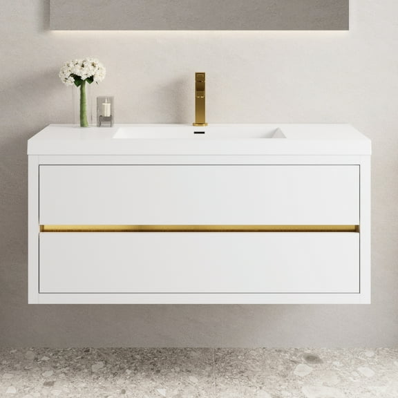 Bathroom Vanity 48" With Sink, Glossy White, Stone Resin Countertop, Soft Close Hinges, Spacious Interior Close, Water- Finish