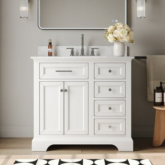 DeerValley Heritage 36" Pre-Assembled Bathroom Vanity Set with Ceramic Sink, White Cabinet & 3.9" Backsplash, DV-1BV0155W