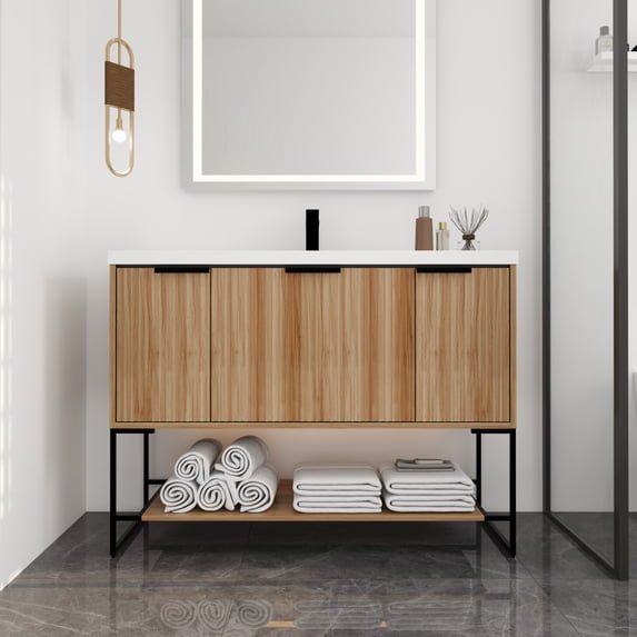 48" Bathroom Vanity with Resin Basin, Freestanding Storage Cabinet with 2 Soft-Close Doors & 1 Storage Drawer & 1-Tier Open Shelf , Modern Design Bathroom Vanity for Bathroom, Maple