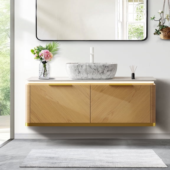 48" Bathroom Vanity with Sensor Light, Floating Plywood Bathroom Vanity & Sintered Stone Top - Bathroom Vanity with Sinks, Ceramic Vessel Basins Bathroom Sink - Corolla Oak Wood Grain Drawers Vanity