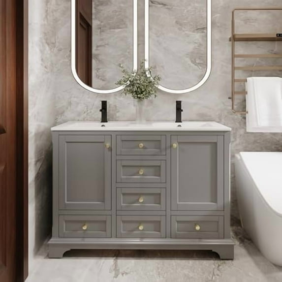 48" Bathroom Vanity with Sink Combo, Vintage Bathroom Vanities Storage Cabinet w/Painted Surface, Raised Arch Feet, Soft Closing Doors, Undermount Sink Faucet Drain, Gray