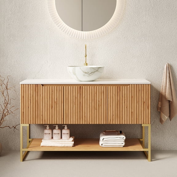 48" Bathroom Vanity&Sink, Freestanding Storage Cabinet with 3 Doors&Open Shelf, White Bowl Ceramic Vessel Basin with Stone Pattern White Sintered Stone Countertop, Woodgrain Color