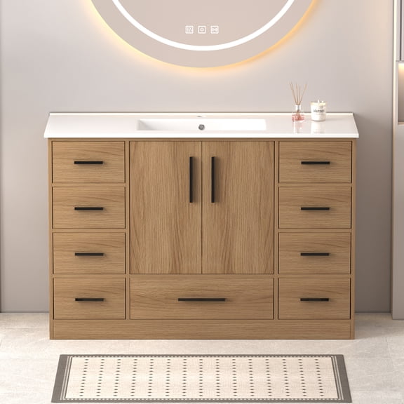 48" Bathroom Vanity with Sink,Single Sink Cabinet with 9 Drawers & 2 Soft-Close Doors, Modern Wood Storage Vanity,Freestanding Bathroom Storage Cabinet, Solid Wood Frame, Light Oak