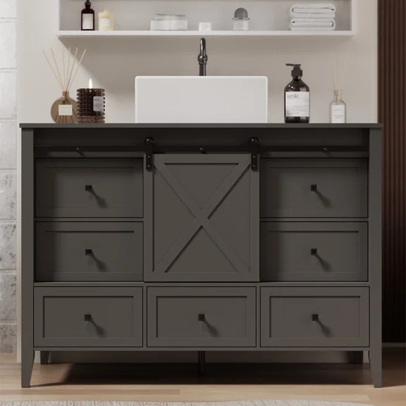 48" Bathroom Vanity with Ceramic Sink Freestanding Storage Cabinet w/ 7 Drawer(Ship in 2 Boxes)