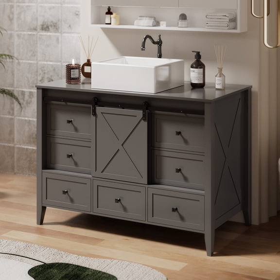 48" Bathroom Vanity with Ceramic Sink, Freestanding Storage Cabinet with 7 Drawers, Modern Bathroom Storage Vanity, Grey (Ship in 2 Boxes)