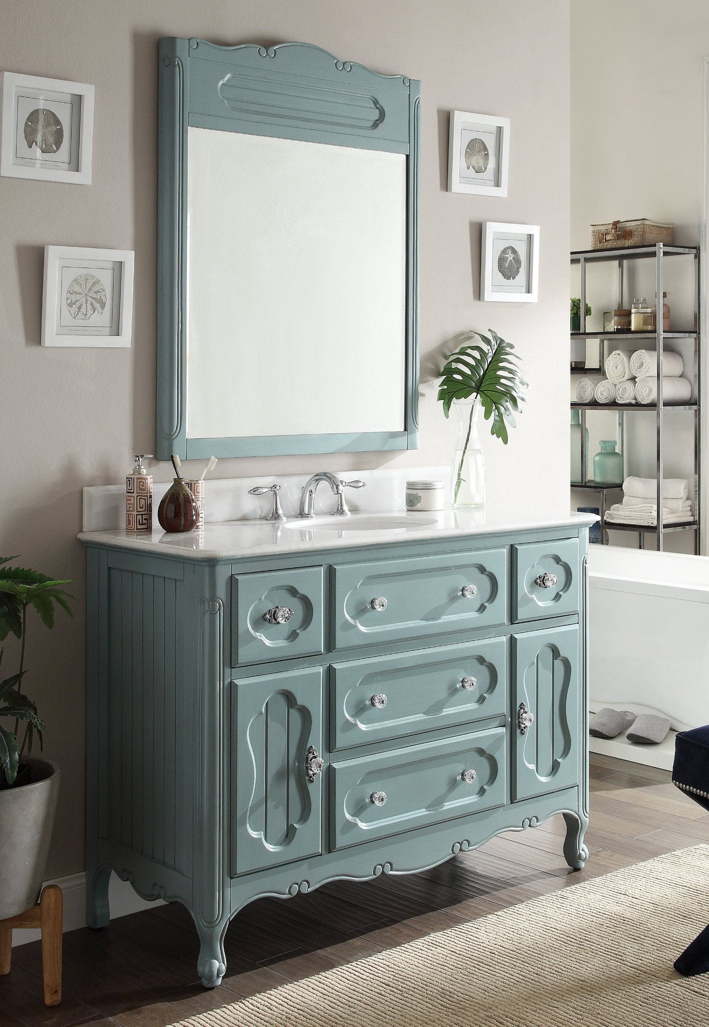 48" Benton Collection Knoxville Boho Vintage Blue Bathroom Vanity with ...