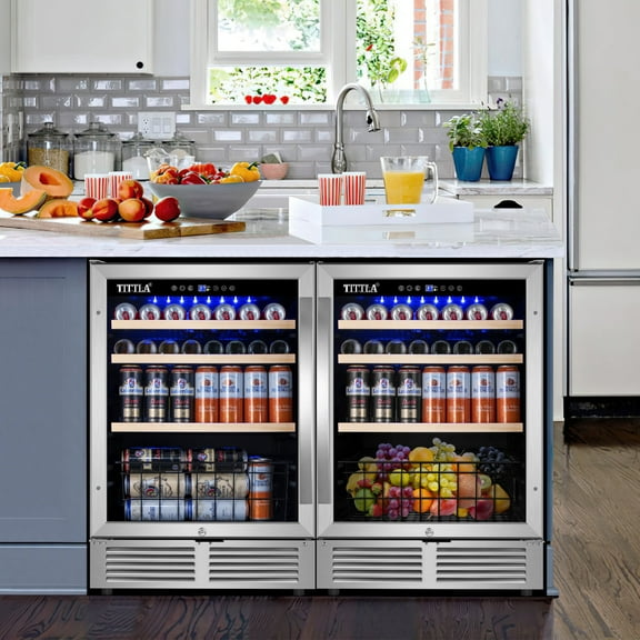 48" Beverage Refrigerator 360 Can Dual Zone Built-in Split Beer Cooler with Four Handles