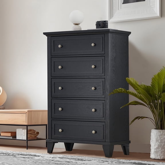 48" Black 5-Drawer Dresser w/Metal Handles - Deep Storage for Bedroom, Living Room