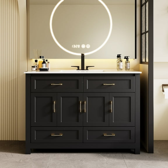 48" Black Bathroom Vanity with Sink, Solid Wood Cabinet, 4 Doors & 4 Drawers, Soft Close, Modern Storage Vanity Combo