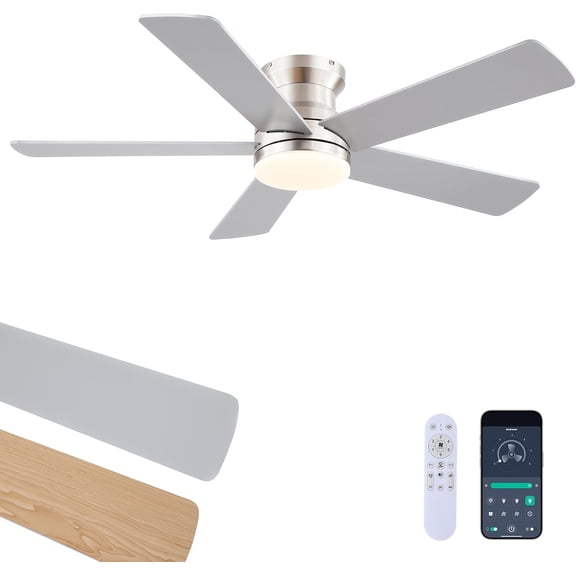 48" Black Flush Mount Ceiling Fan with Light, 6 Speeds, Reversible Motor, 3CCT Dimmable, Low Profile for Bedroom Kitchen