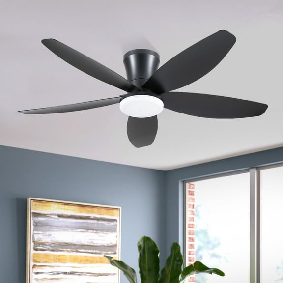 48" Black Low Profile Ceiling Fan with LED Dimmable Light, Remote/App Control, DC Motor