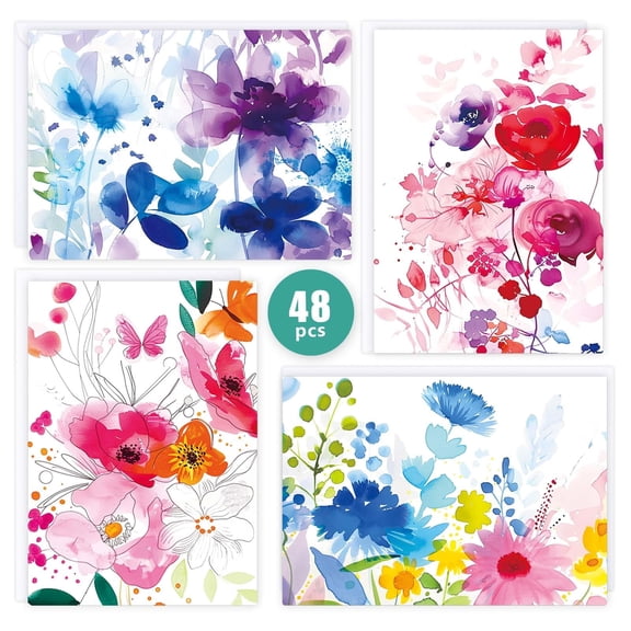 48 Blank Greeting Cards and Envelopes, Watercolor Flower Design, Blank Note Cards for Thank You, Invitations, Holidays, Parties, Business, Elegant Floral Art