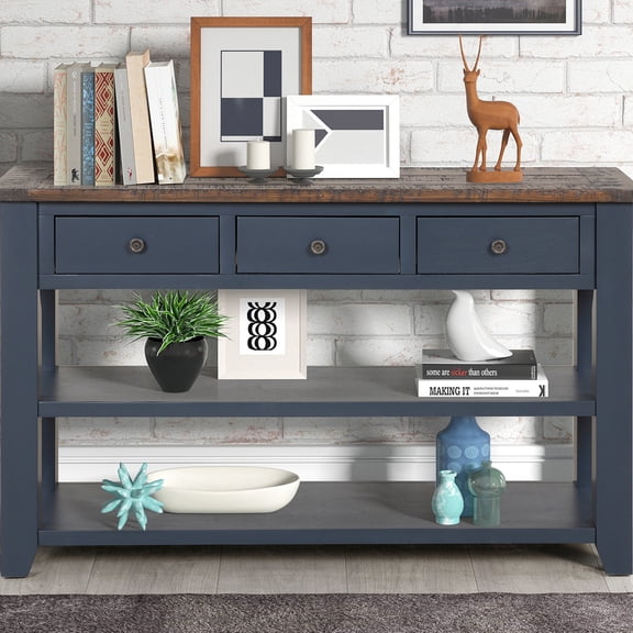 48'' Blue Solid Pine - Multifunctional with 3 Drawers and 2 Shelves - Home Entry or Sofa Side - Reduce Clutter and Organize Items