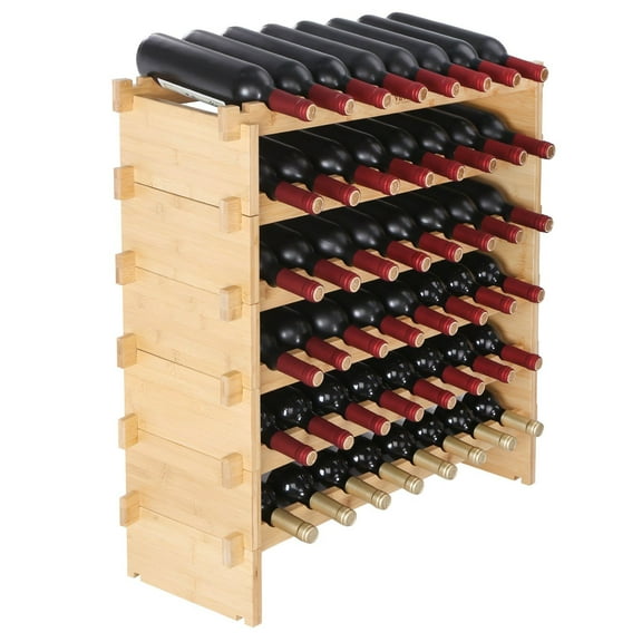 48 Bottle Stackable Modular Wine Rack 6 Tier Solid Bamboo Wood Storage Floor Standing Freestanding Display Stand Anti Shake for Kitchen Bar Wine Cellar Natural Color