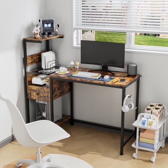 48" Brown Small Gaming Desk with Storage Shelves,Modern Gamer Computer Desk with Drawers and Outlets,PC Desk with LED Lights for Home Office,Small Space