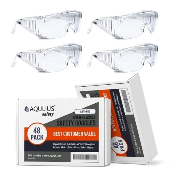 Aqulius Safety Glasses Over Eyeglasses - Anti-Fog Scratch-Resistant Safety Goggles - Side Shields Protective Glasses Fit Over Eyeglasses - Industrial Work Goggles Top Coverage - Pack of 48, Unisex