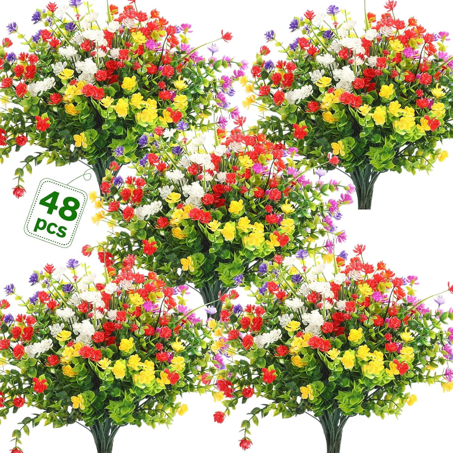 48 Bundles Artificial Flowers Outdoor,UV Resistant Faux Plastic Plants Greenery Shrubs Flower Bulk for Hanging Planter Porch Window Home Wedding Spring Summer Decor(Bright Color)