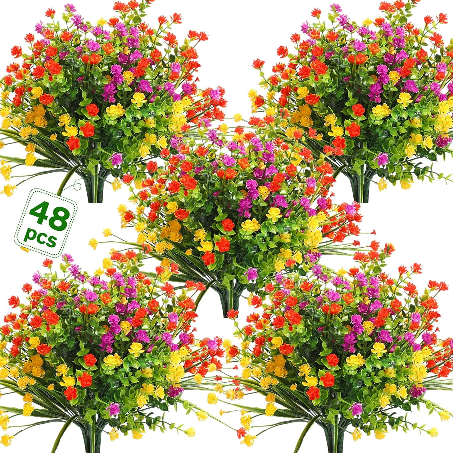 48 Bundles Artificial Flowers Outdoor,UV Resistant Faux Plastic Plants Greenery Shrubs Flower Bulk for Hanging Planter Porch Window Home Wedding Spring Summer Decor(Bright Color)
